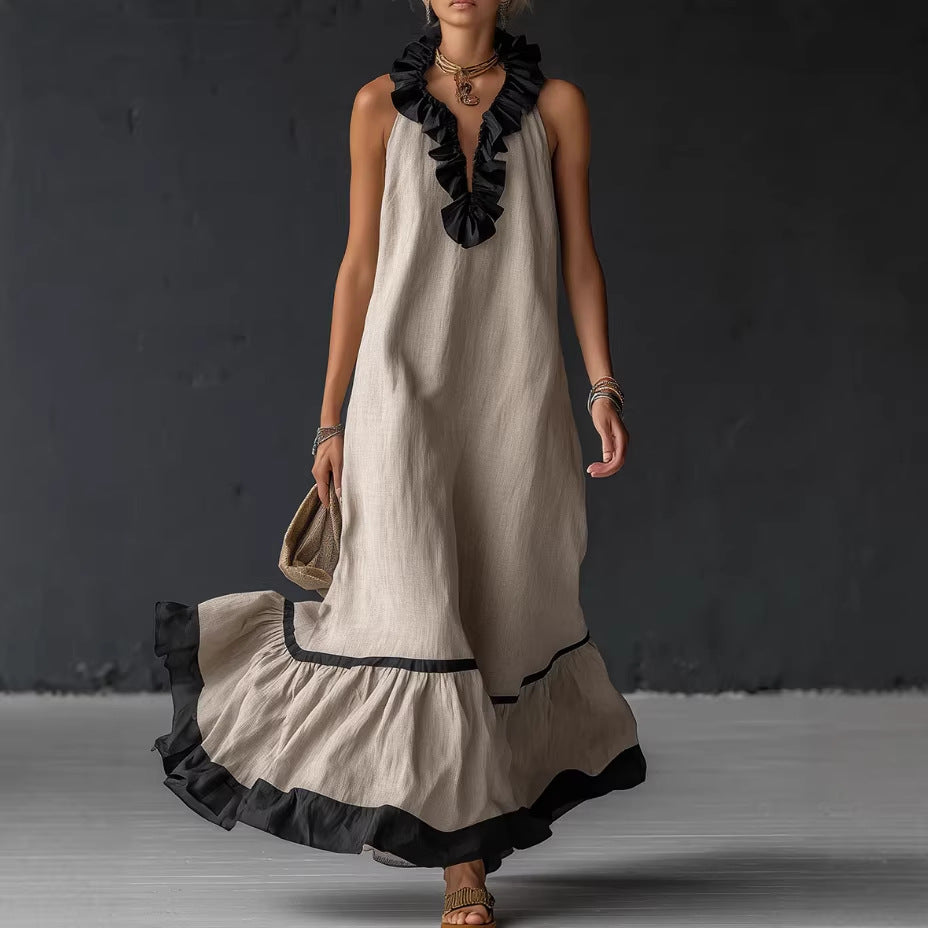 Sleeveless Ruffle Trim Tiered Linen Maxi Dress 4