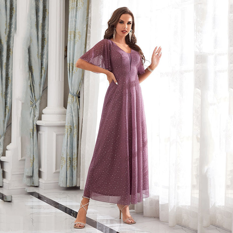 Glitter Mesh V-Neck Flutter Sleeve A-Line Maxi Dress
