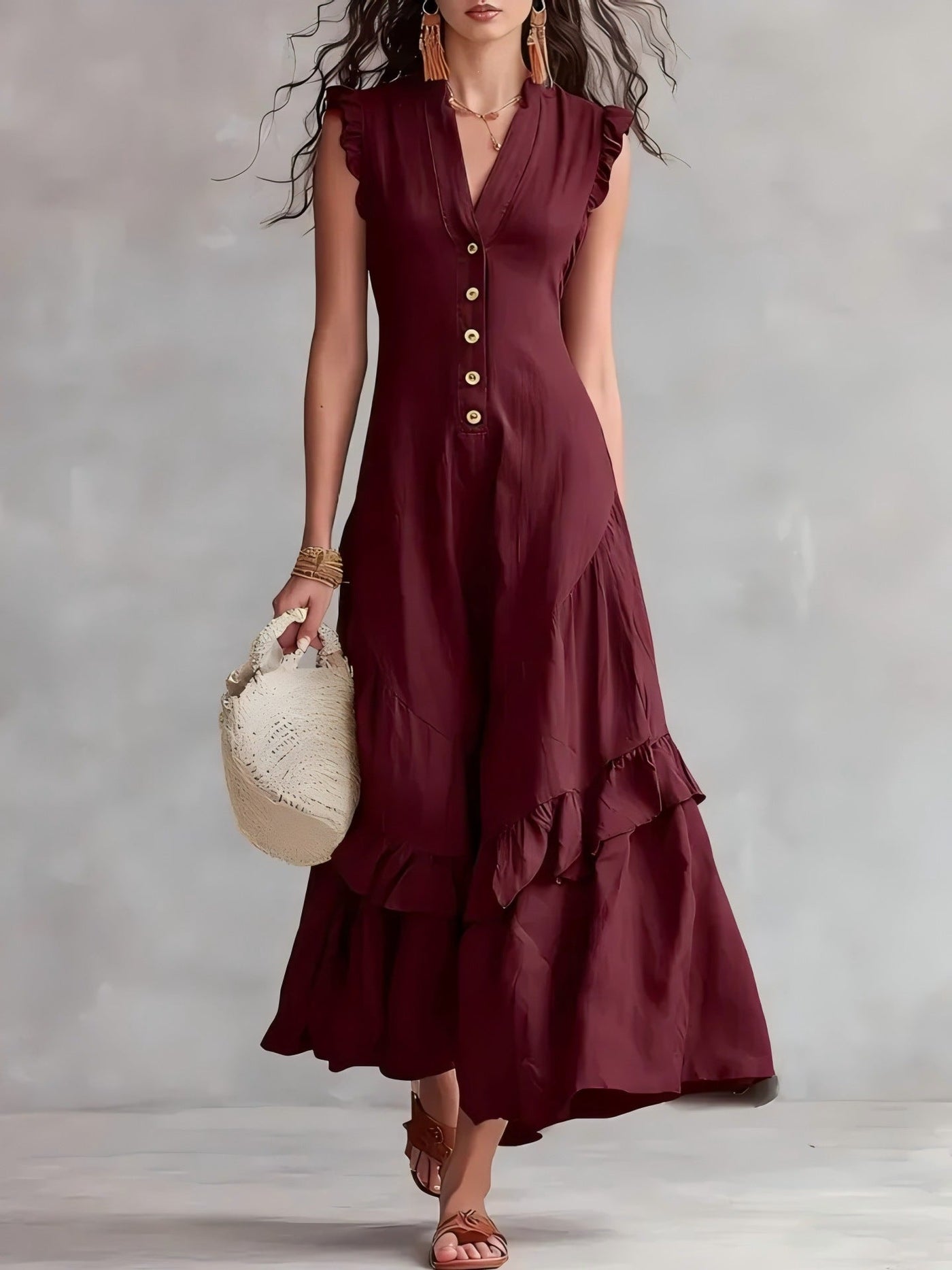 V-Neck Ruffle Sleeve Button Front Tiered Maxi Dress 6