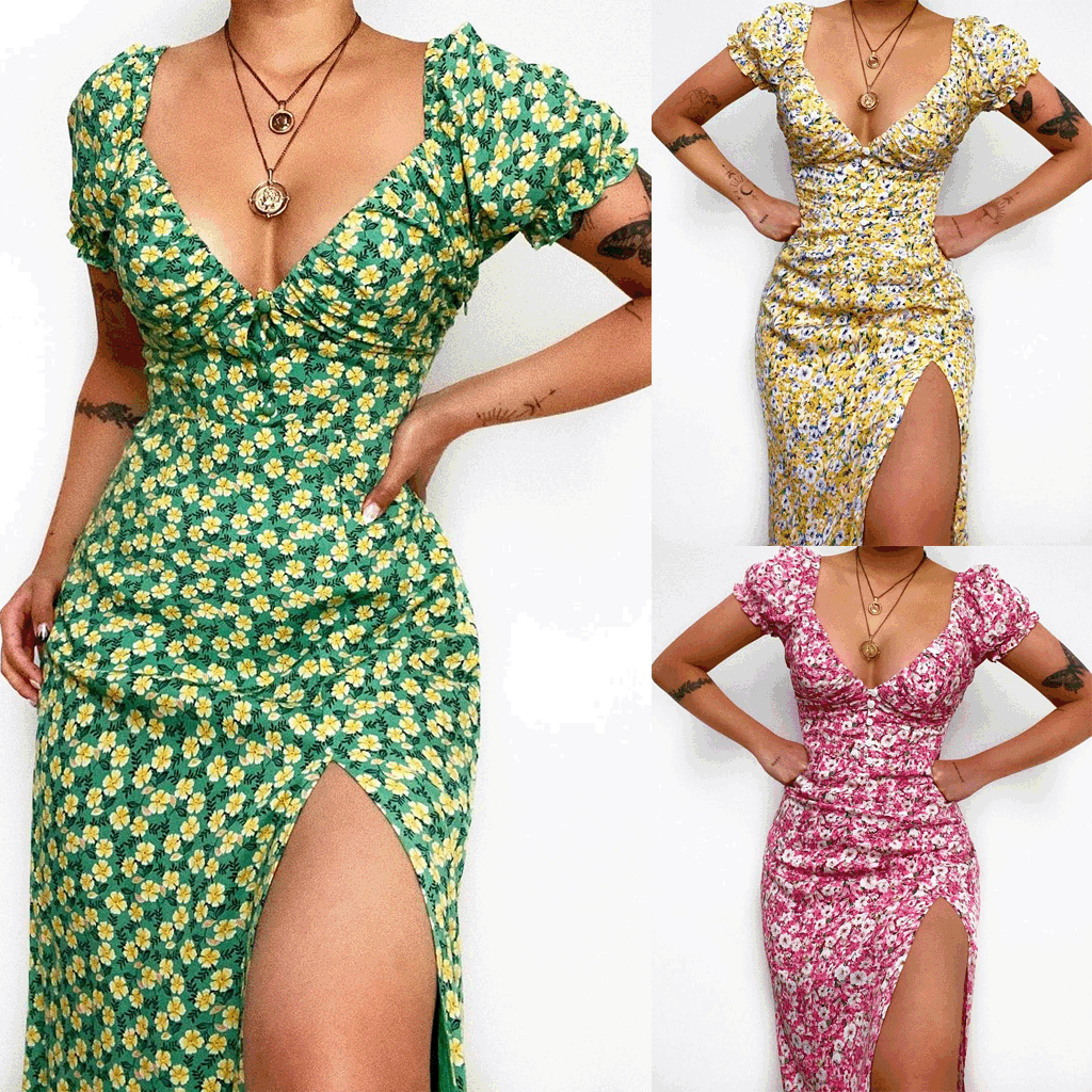 Floral Floral Print Fresh Sweet V - neck Mid - Length Dress