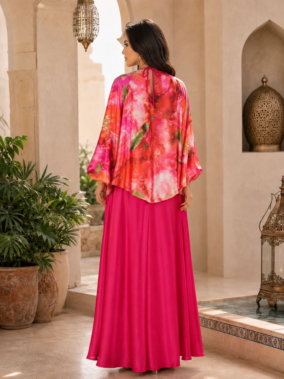 Rose Red Strap Dress Stitching Floral Printed Cardigan Dress Women Elegant Loose Large Swing