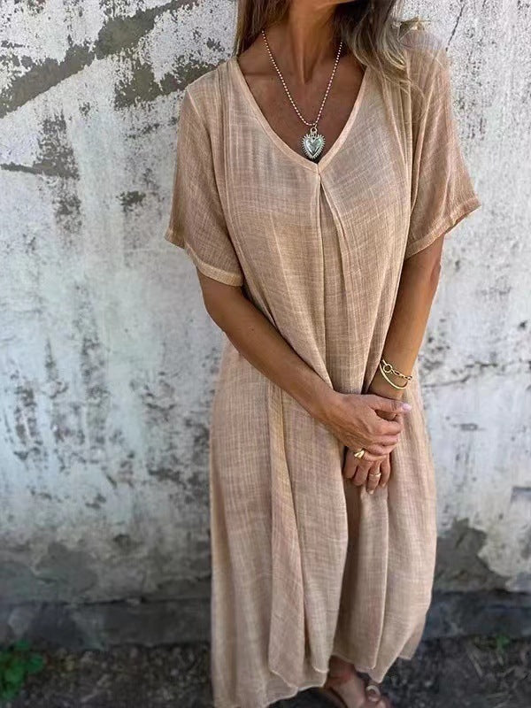Jimena Minimalist Cotton Linen Dress with V Neck Elevated Occasion Wear