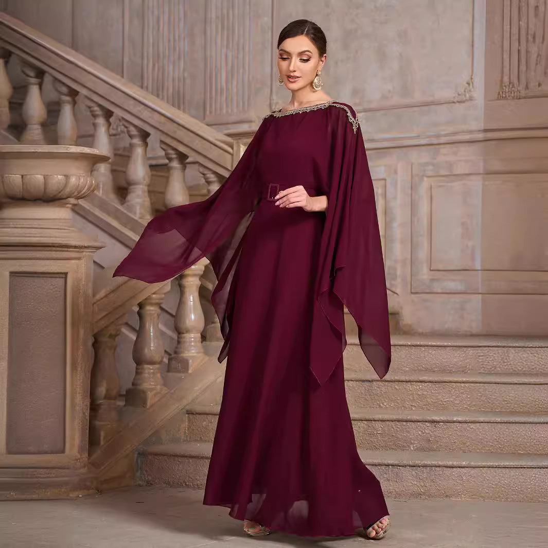 Chiffon Beaded Neckline Sheer Batwing Cape Sleeve Belted Formal Maxi Gown