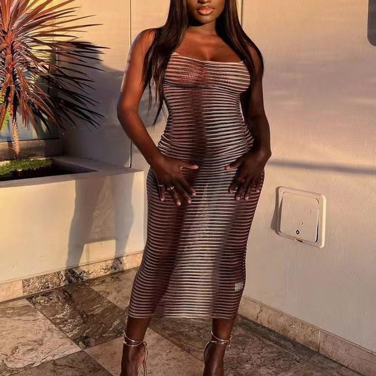 Gradient Striped Sheer Knit Spaghetti Strap Bodycon Maxi Dress 3