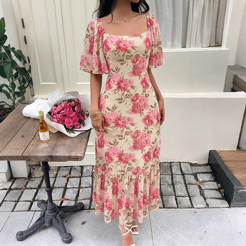 Floral Print Square Neck Flutter Sleeve Ruffle Hem Maxi Dress 2
