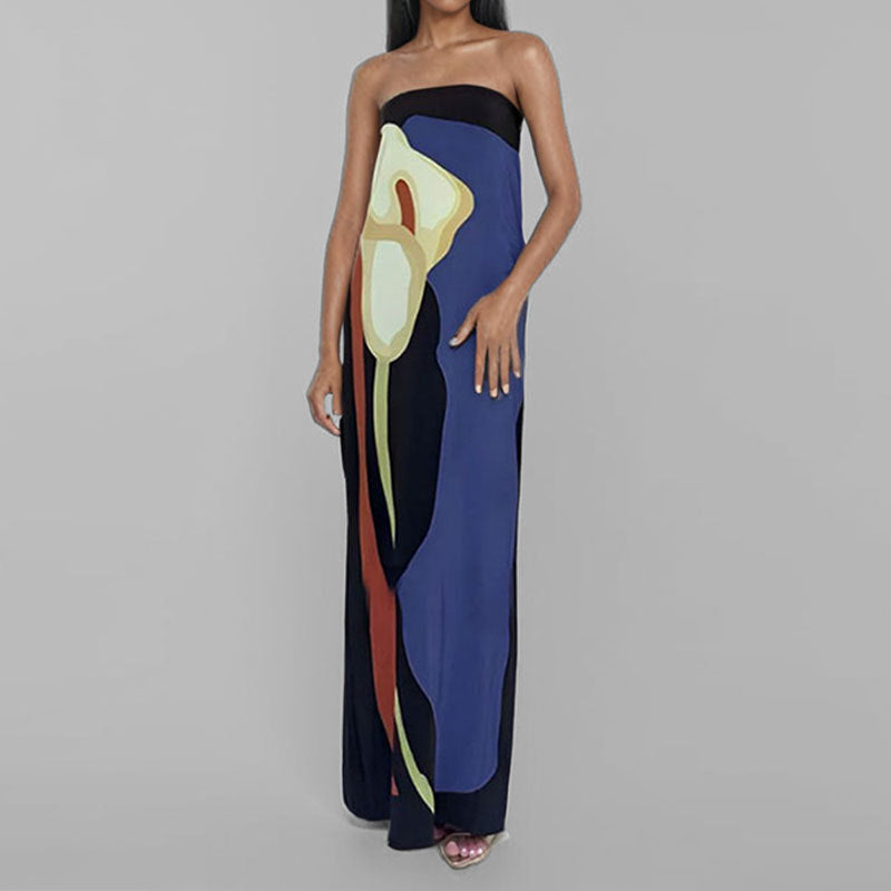 Strapless Floral Print Column Maxi Gown