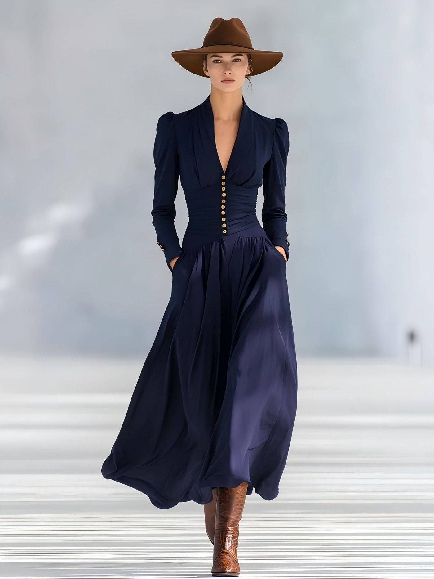 Deep V-Neck Puff Sleeve Ruched Satin Maxi Dress 10