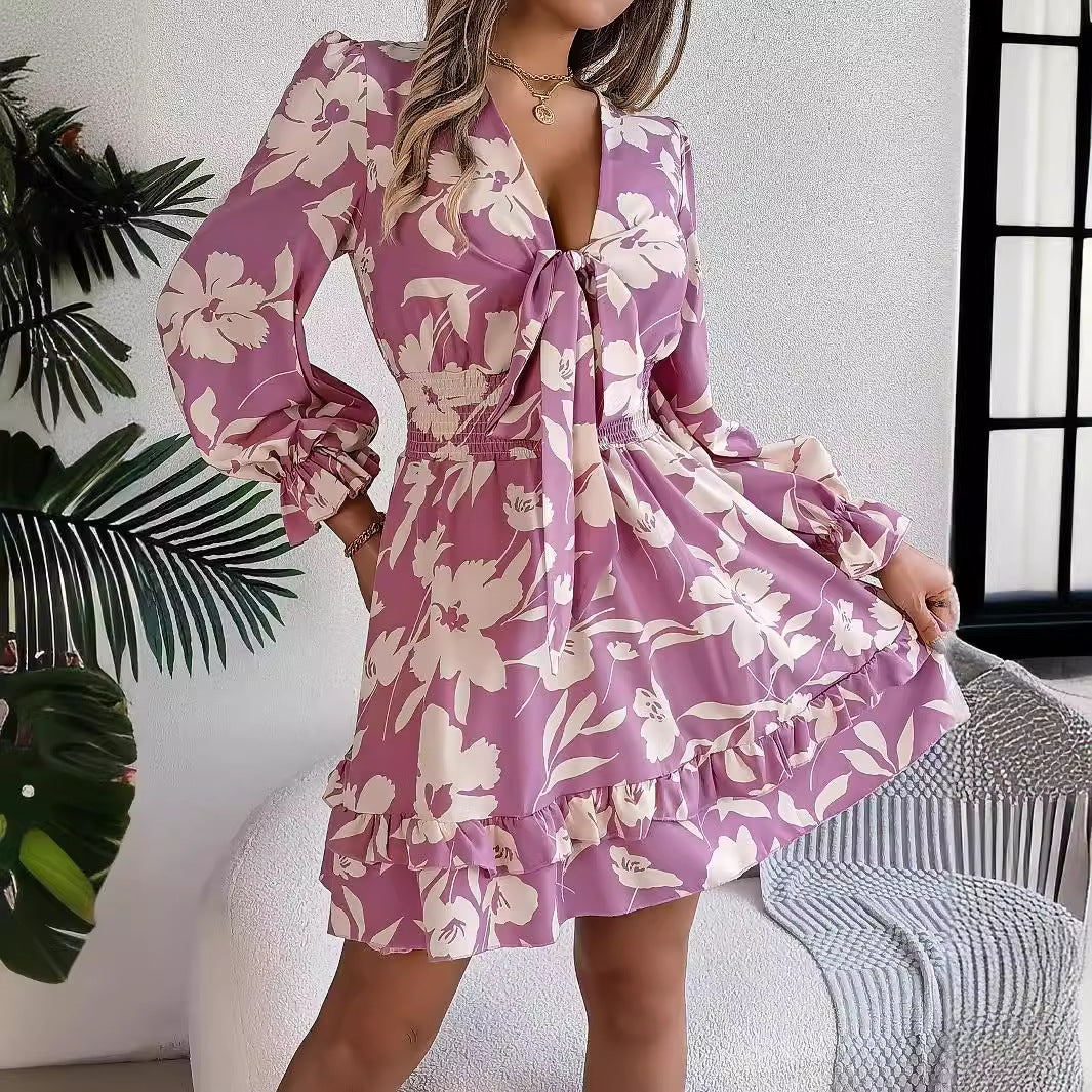Floral Print Deep V-Neck Tie Front Long Sleeve Smocked Waist Ruffle Mini Dress