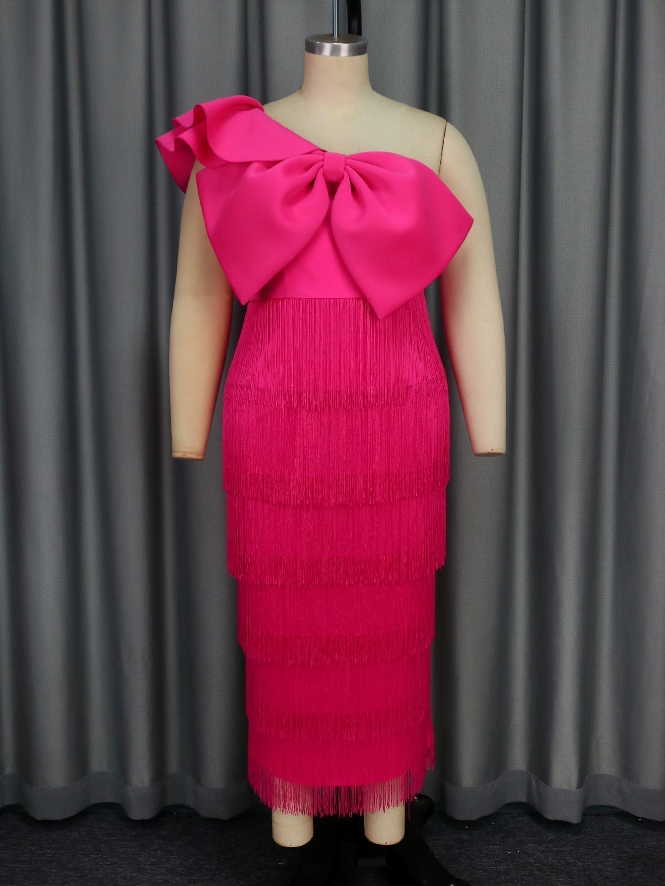 One Shoulder Oversized Bow Tiered Fringe Midi Cocktail Dress