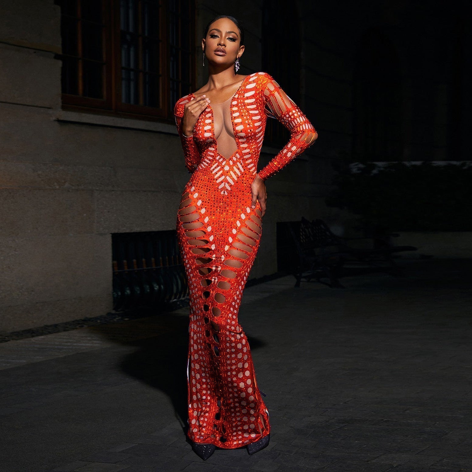 Sequin Deep V-Neck Mesh Panel Lattice Cut Out Long Sleeve Maxi Gown