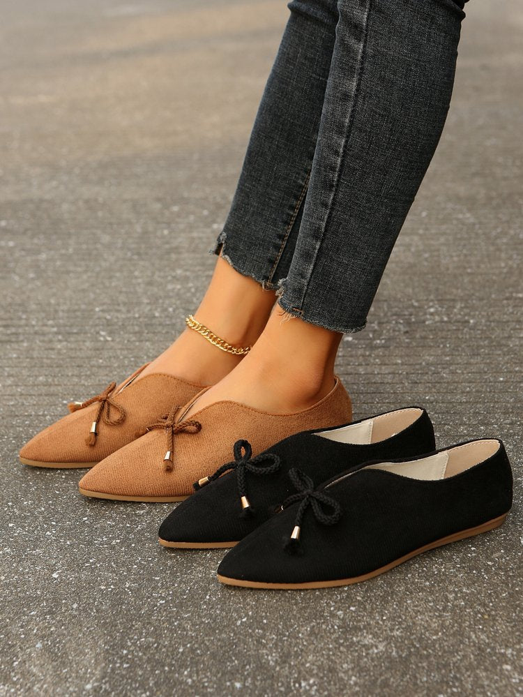 Canvas suede bow pointed toe flat slip-ons