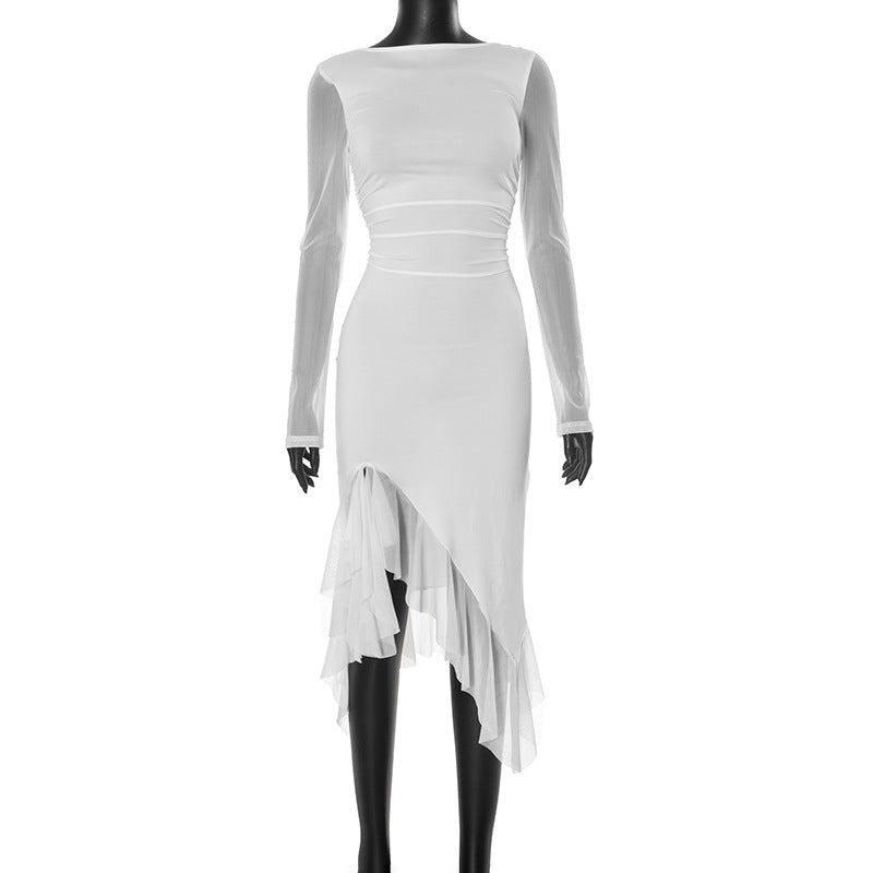 Mesh Stitching Long Sleeves Split Ruffled Tassel Dress - View 5
