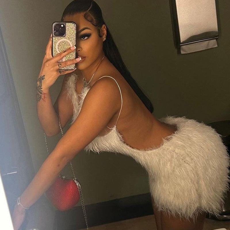 Faux Feather V-Neck Sleeveless Bodycon Mini Dress 4