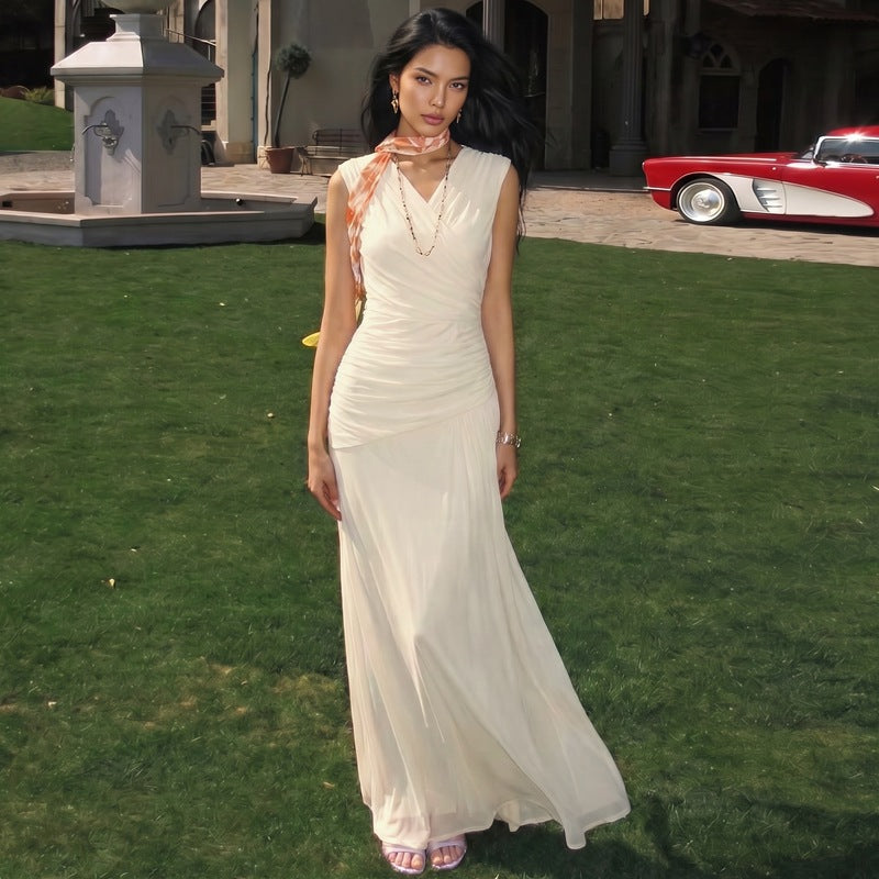 Sleeveless Ruched Surplice V-Neck Mesh Maxi Dress 4