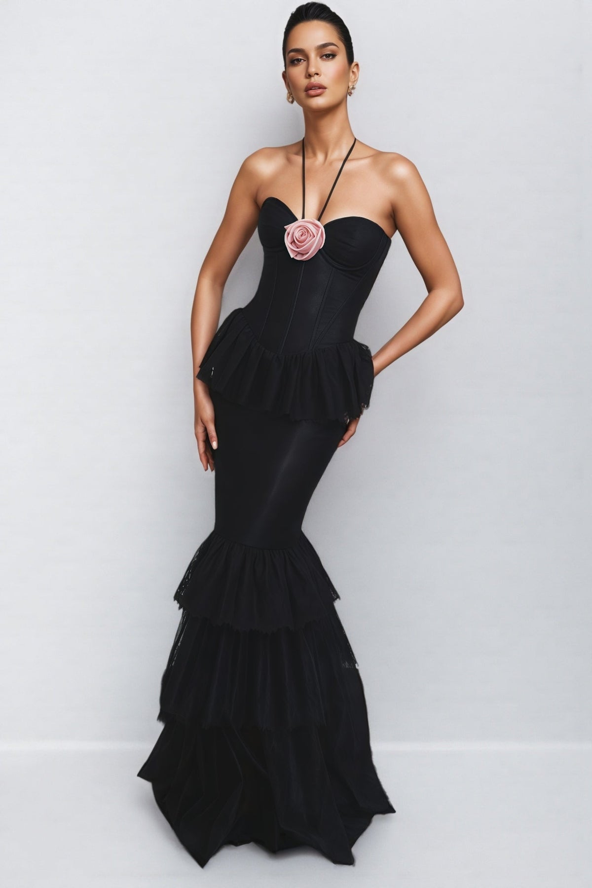 Halter Neck Rosette Corset Peplum Tiered Tulle Mermaid Maxi Dress