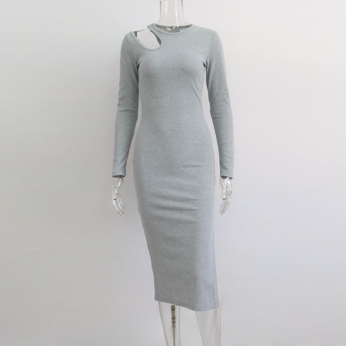 Ribbed Knit Cut Out Shoulder Long Sleeve Side Split Bodycon Midi Dress 8