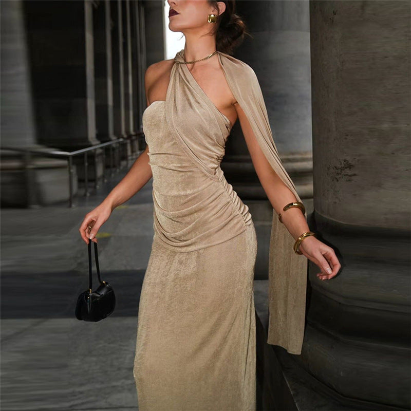 Velvet Halter Neck Ruched Mermaid Maxi Gown