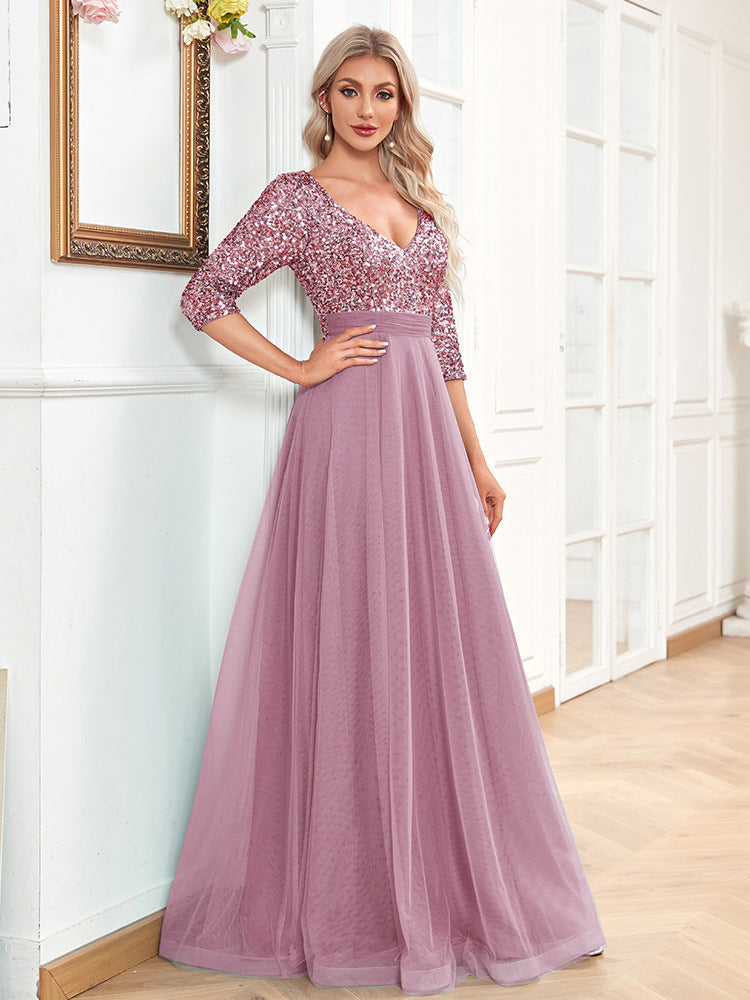 V neck Short Sleeve Sequined Tulle A line Floor Elegant Prom Evening Party Dress
