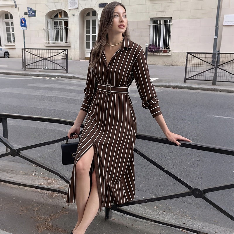 Pinstriped Collared Button Front Long Sleeve Belted Midi Shirt Dress 4