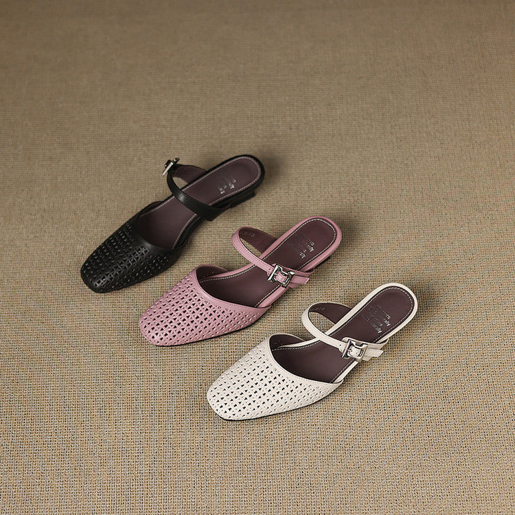 Square Toe Cut Out Buckle Block Heel Mules
