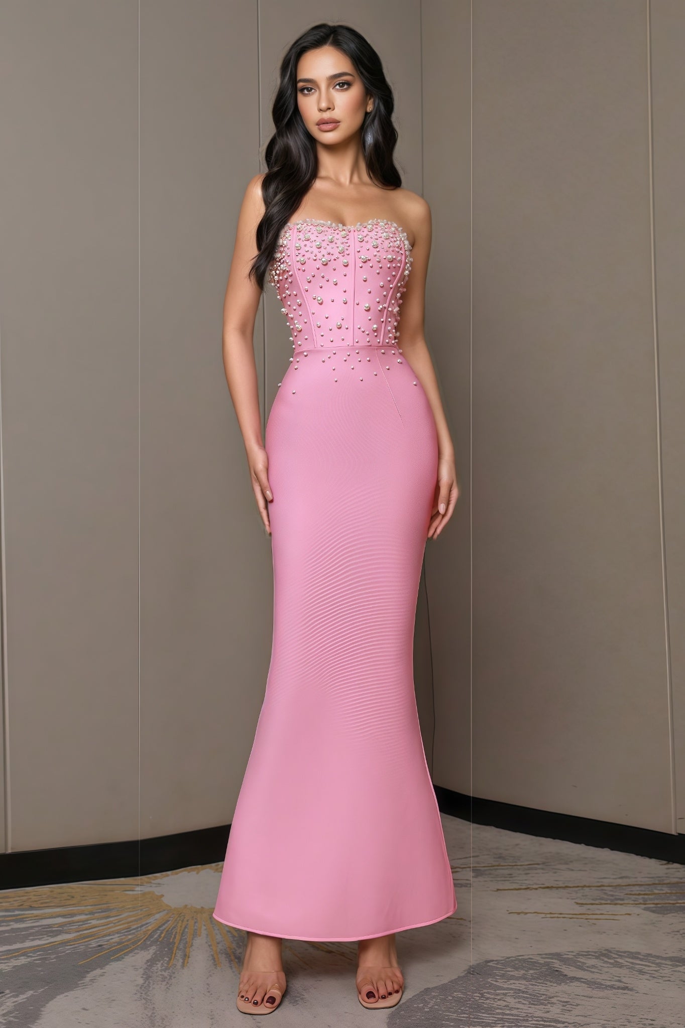 Strapless Sweetheart Pearl Embellished Corset Mermaid Bandage Maxi Gown