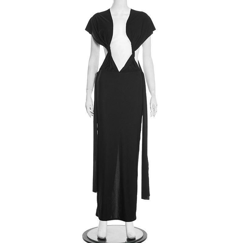 Halter Plunge Neck Backless Cut Out Tie Waist Bodycon Maxi Dress 3