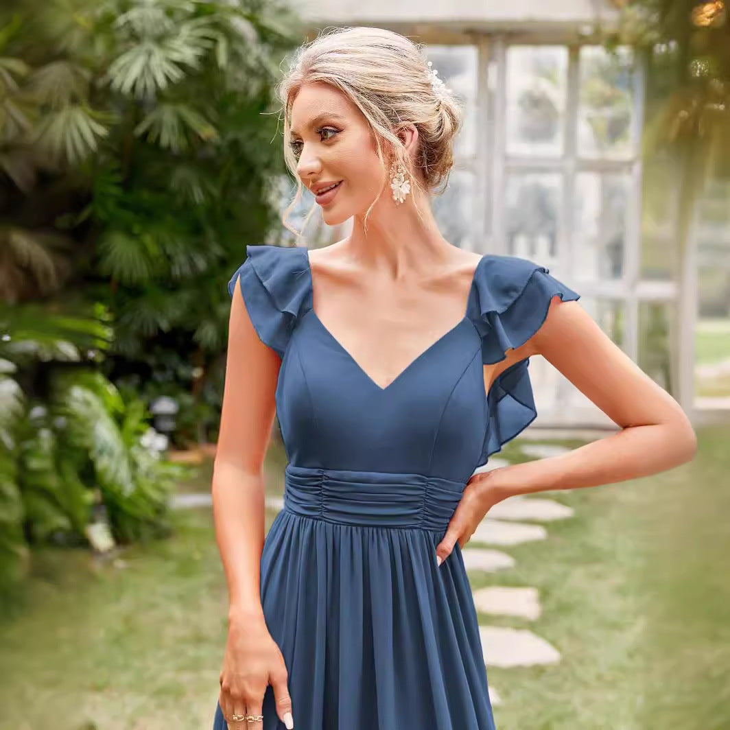 Chiffon V-Neck Ruffle Cap Sleeve Empire Waist A-Line Maxi Bridesmaid Dress