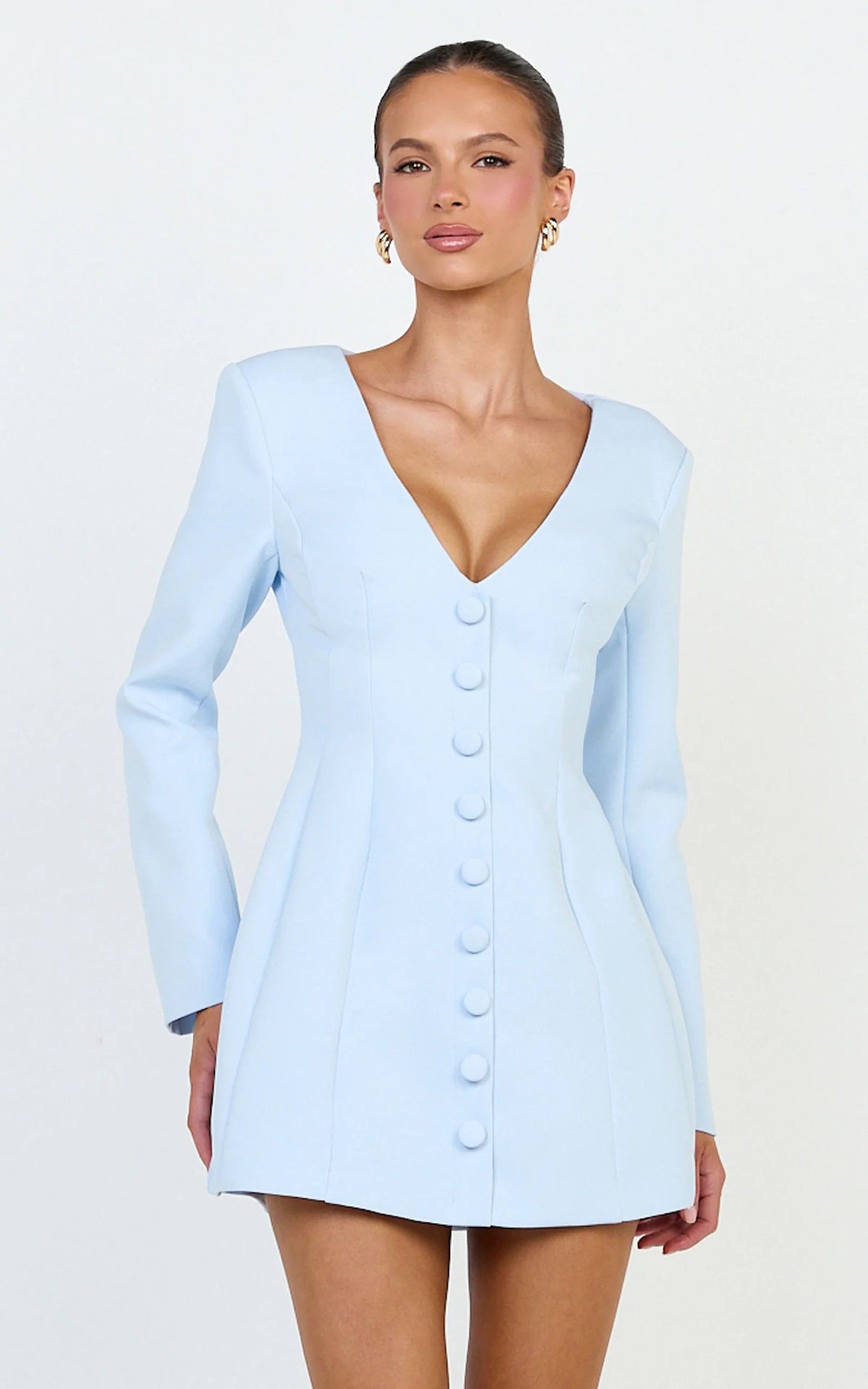 V-Neck Long Sleeve Button Front Tailored Blazer Mini Dress 4