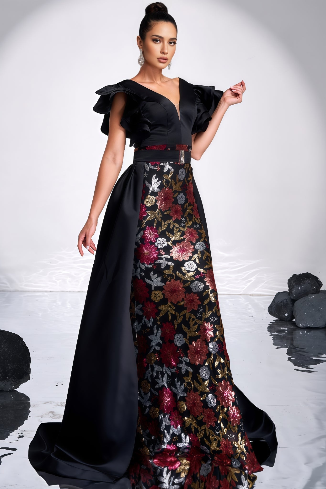 Floral Brocade V-Neck Ruffle Sleeve Mermaid Maxi Gown