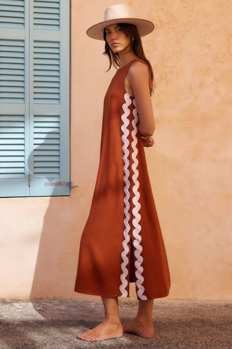 Scalloped Side Trim Sleeveless A-Line Shift Midi Dress