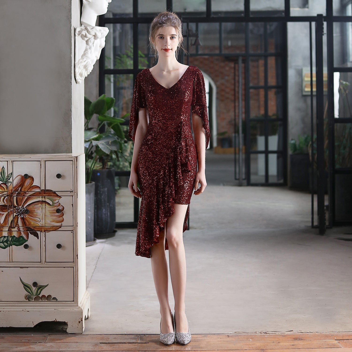 Sequin V-Neck Flutter Sleeve High Low Asymmetric Cocktail Dress