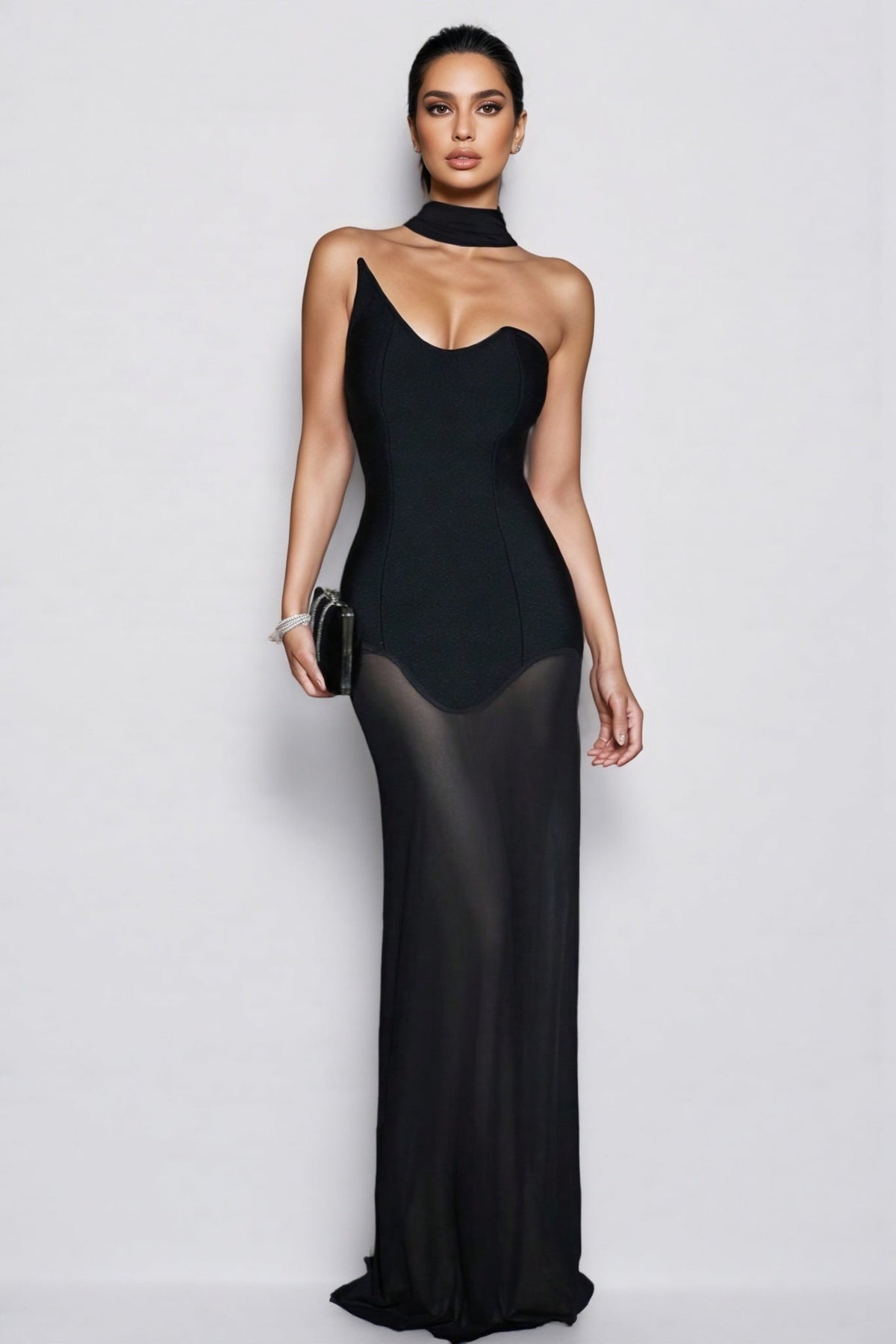 Asymmetric Strapless Choker Neck Bandage Sheer Mesh Skirt Maxi Dress
