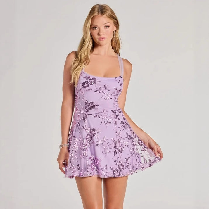 Sequin Floral Mesh Overlay Square Neck Fit and Flare Mini Dress