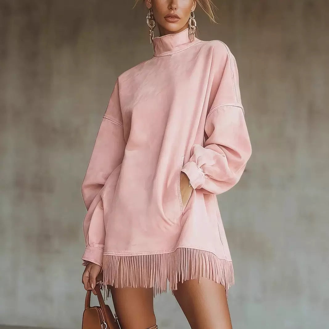 Suede-Look Mock Neck Oversized Fringe Hem Long Sleeve Mini Dress 5