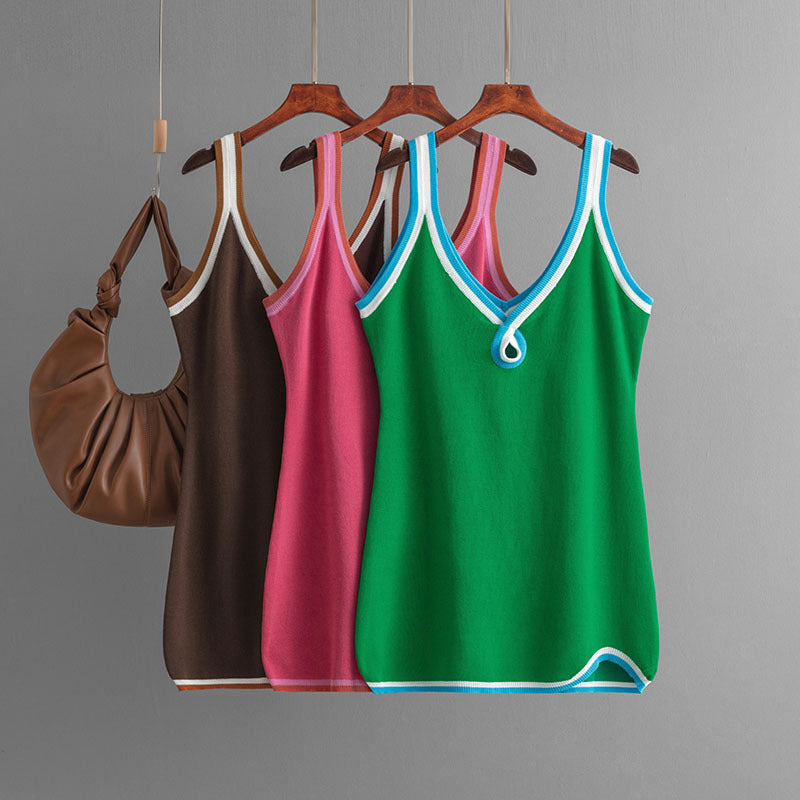 Contrast Trim Twist V-Neck Sleeveless Knit Bodycon Mini Dress