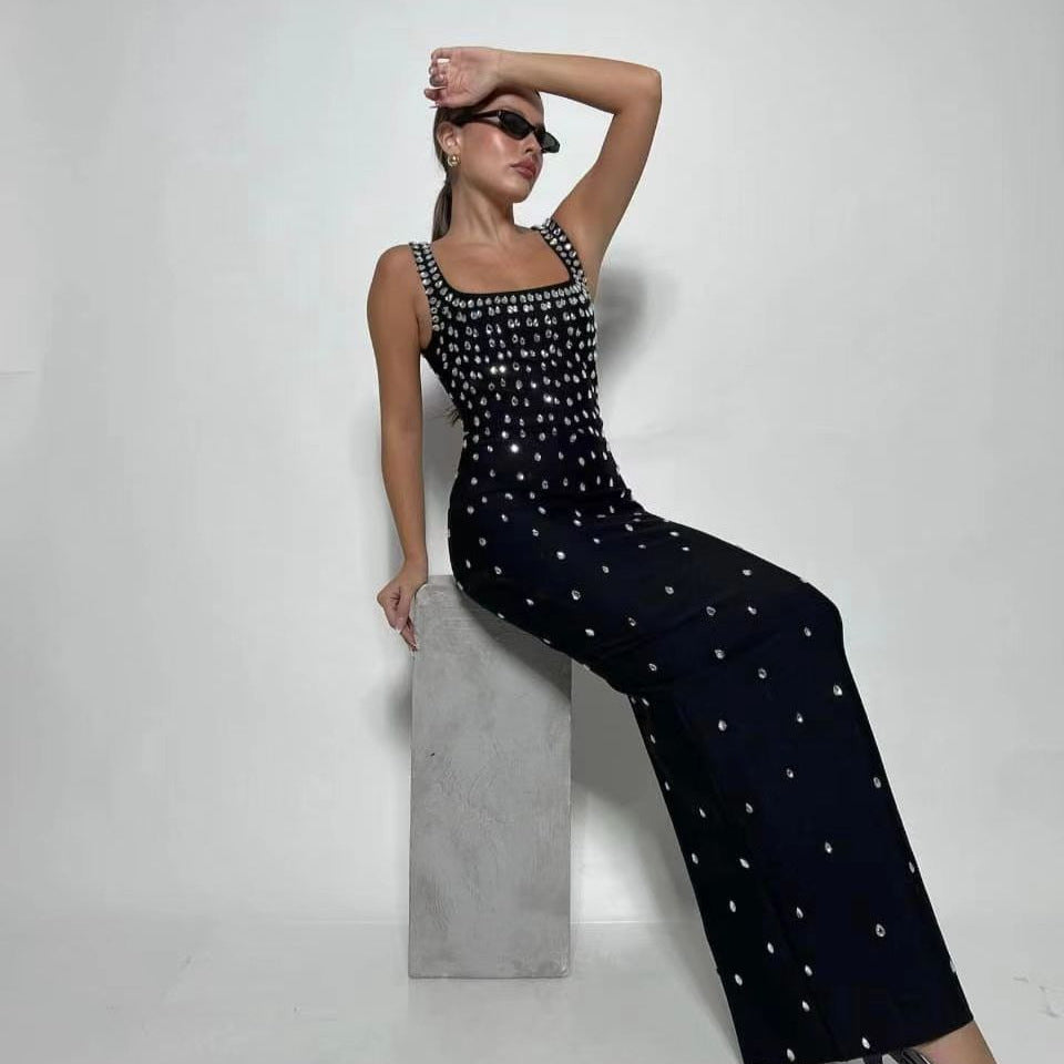 Rhinestone Polka Dot Square Neck Bandage High Split Maxi Dress