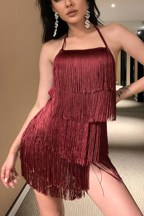 Halter Neck Open Back Tassel Hem Romper