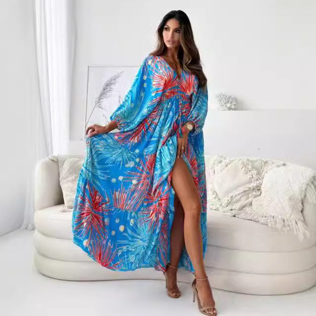 Tie Dye Print Deep V-Neck Batwing Sleeve High Split Maxi Dress 2