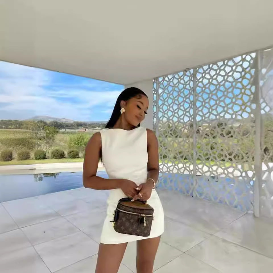 Boat Neck Sleeveless Fitted Bodycon Mini Dress