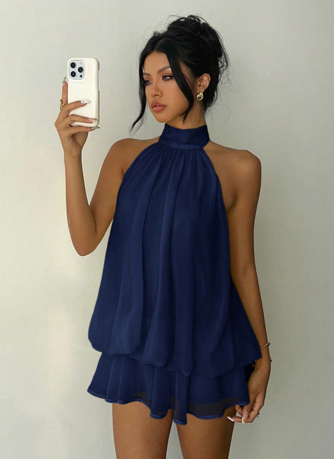 Mock Halter Neck Sleeveless Sheer Layered Ruffle Hem Romper 6