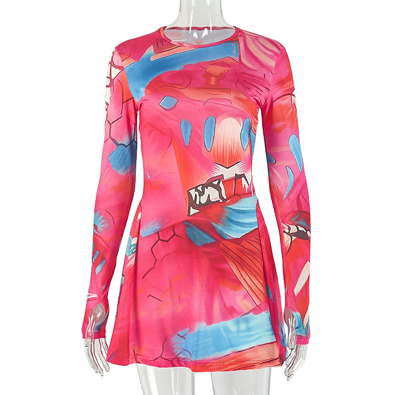 Abstract Print Satin Crew Neck Long Sleeve Ruffle Hem A-Line Mini Dress 2