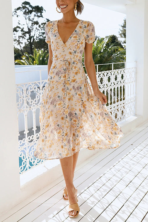 Floral V-Neck Short Sleeve Wrap Midi Dress Summer 3