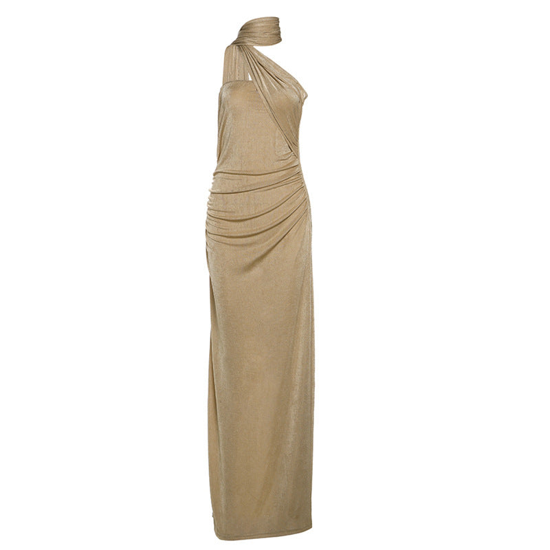 Velvet Halter Neck Ruched Mermaid Maxi Gown