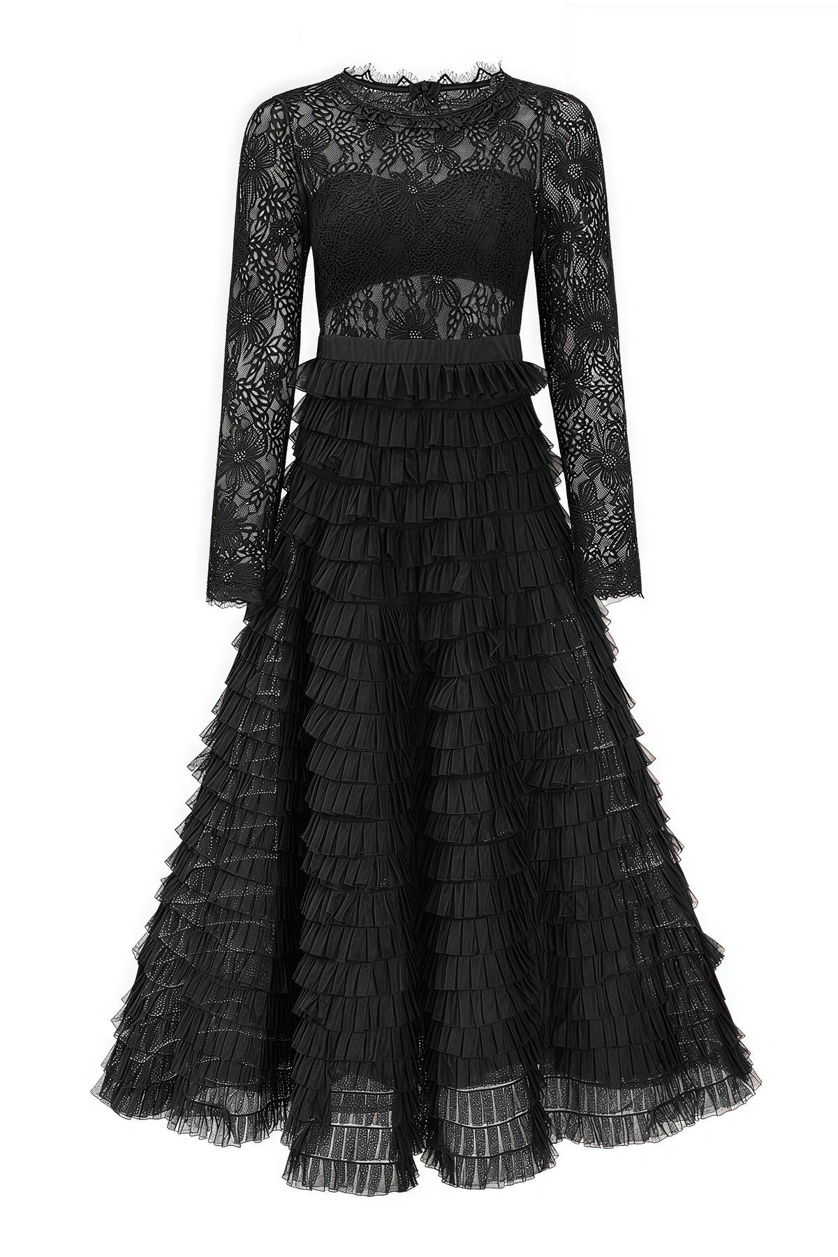 Round Neck Long Sleeve Lace Bodice Tiered Ruffle Tulle Midi Dress 5
