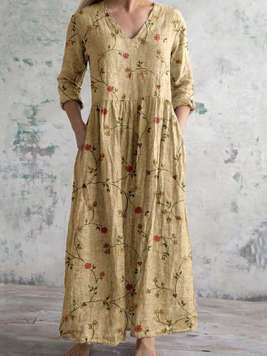 Floral Print V-Neck Long Sleeve Tiered Maxi Dress