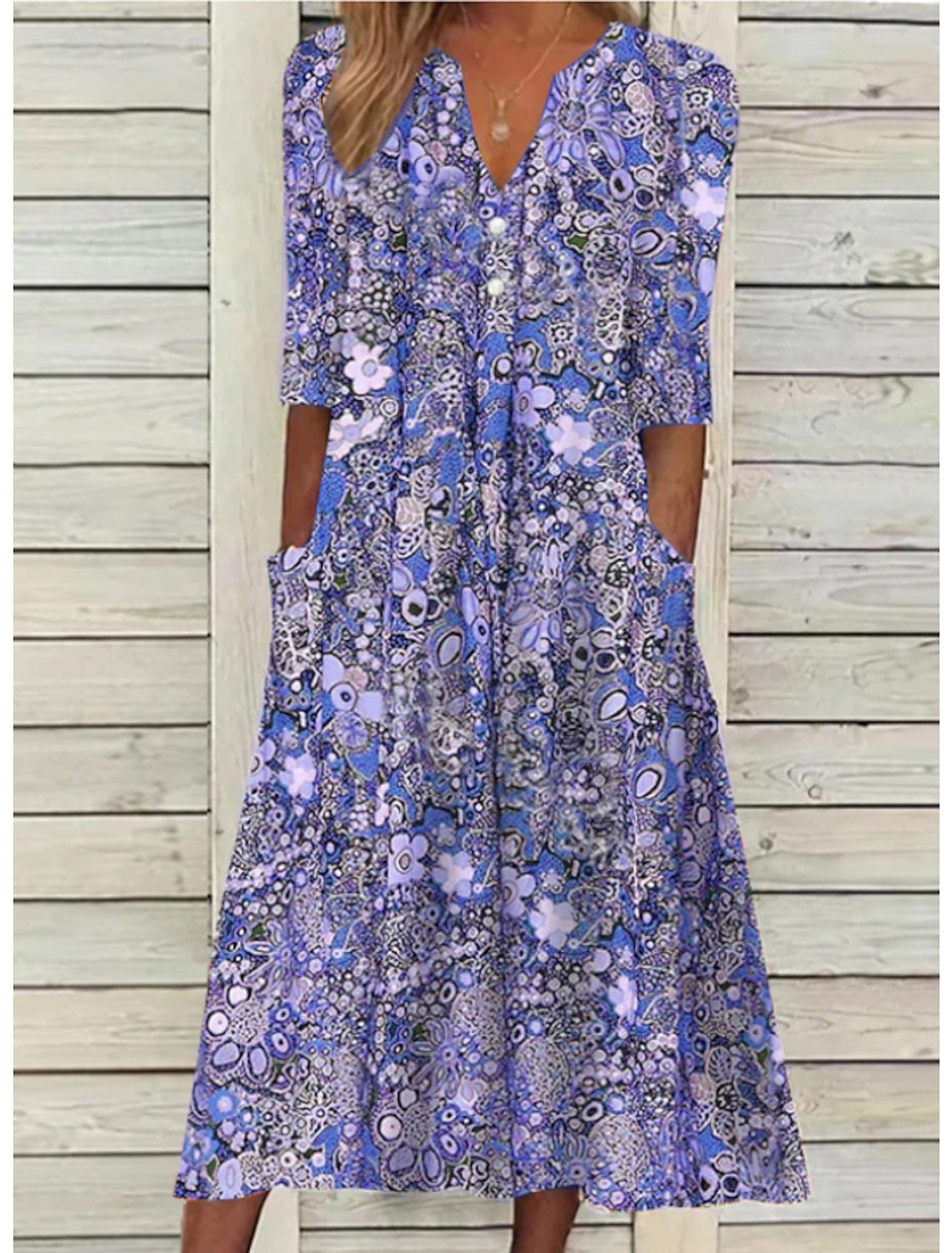Bohemian Floral Print Deep V-Neck Button Placket Pocket Flowy A-Line Midi Summer Dress