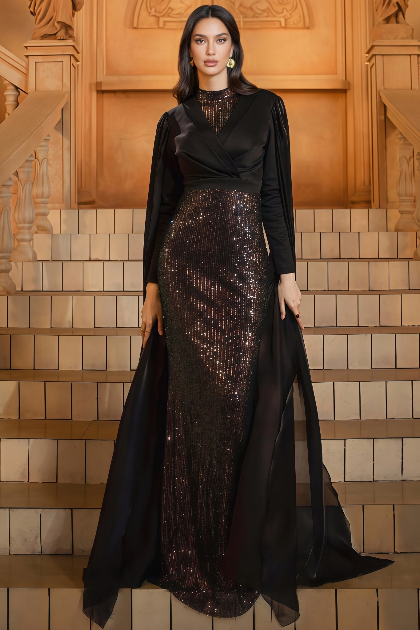 Mirt Black Round Neck Sequin Maxi Dress - View 6