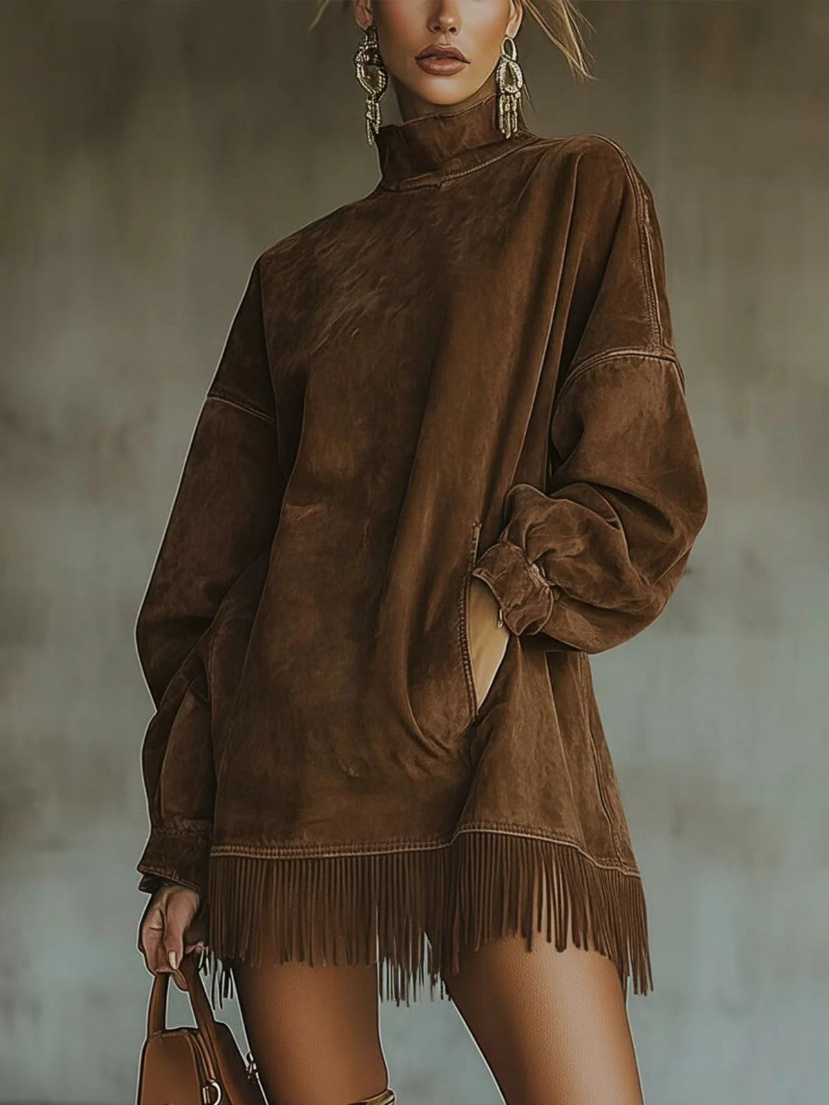 Suede-Look Mock Neck Oversized Fringe Hem Long Sleeve Mini Dress 3
