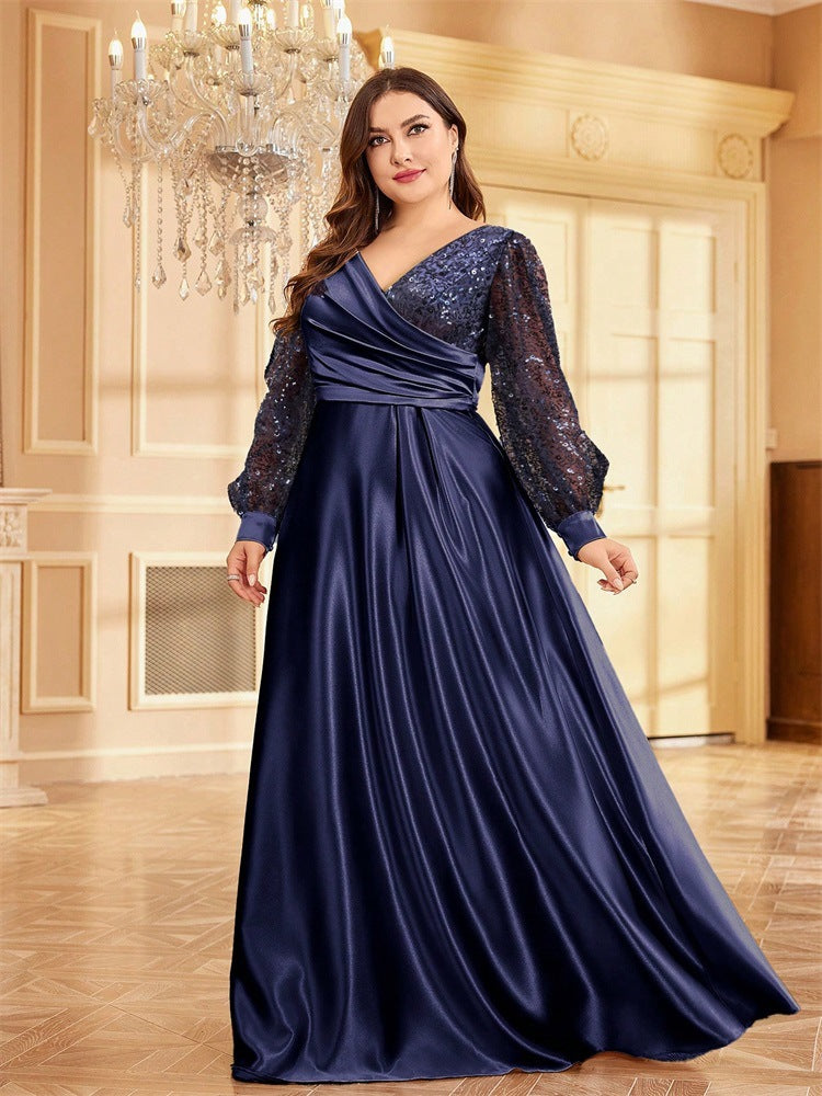 Satin V-Neck Bishop Sleeve Sequin Wrap A-Line Formal Gown