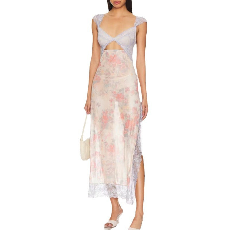 Lace Bodice Sweetheart Cut Out Cap Sleeve High Split Lace Trim Midi Dress